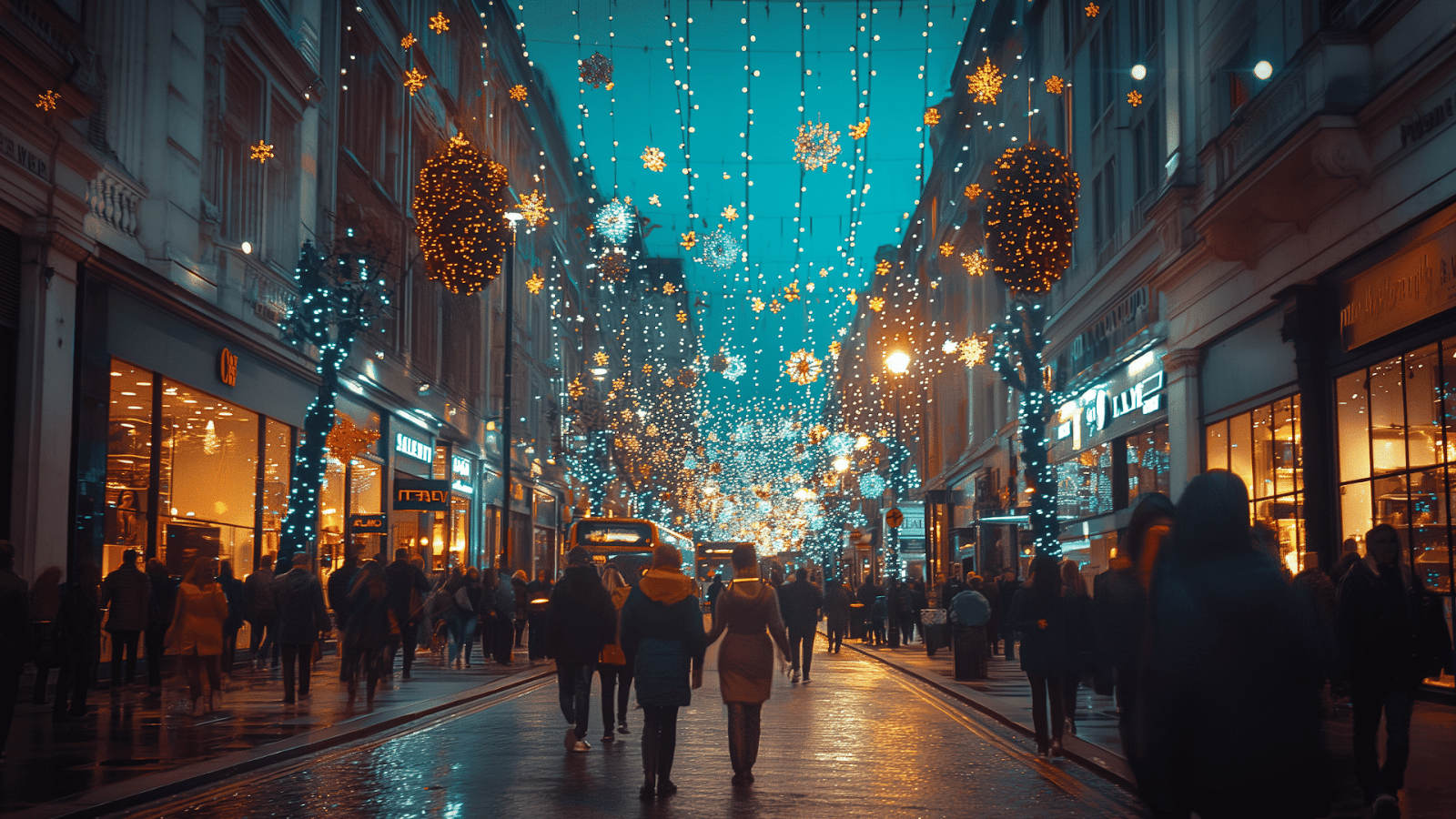Bustling Oxford Street illuminated with festive Christmas lights during winter.