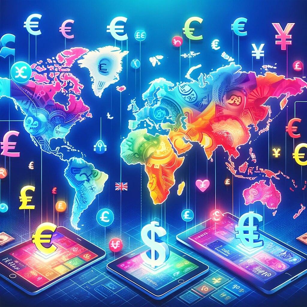 Foreign online casinos and betting, with a colorful world map with different currency symbols.