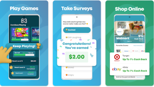 Swagbucks screenshots showing different money-making opportunities including games you can play, surveys you can take, and shopping opportunities. 