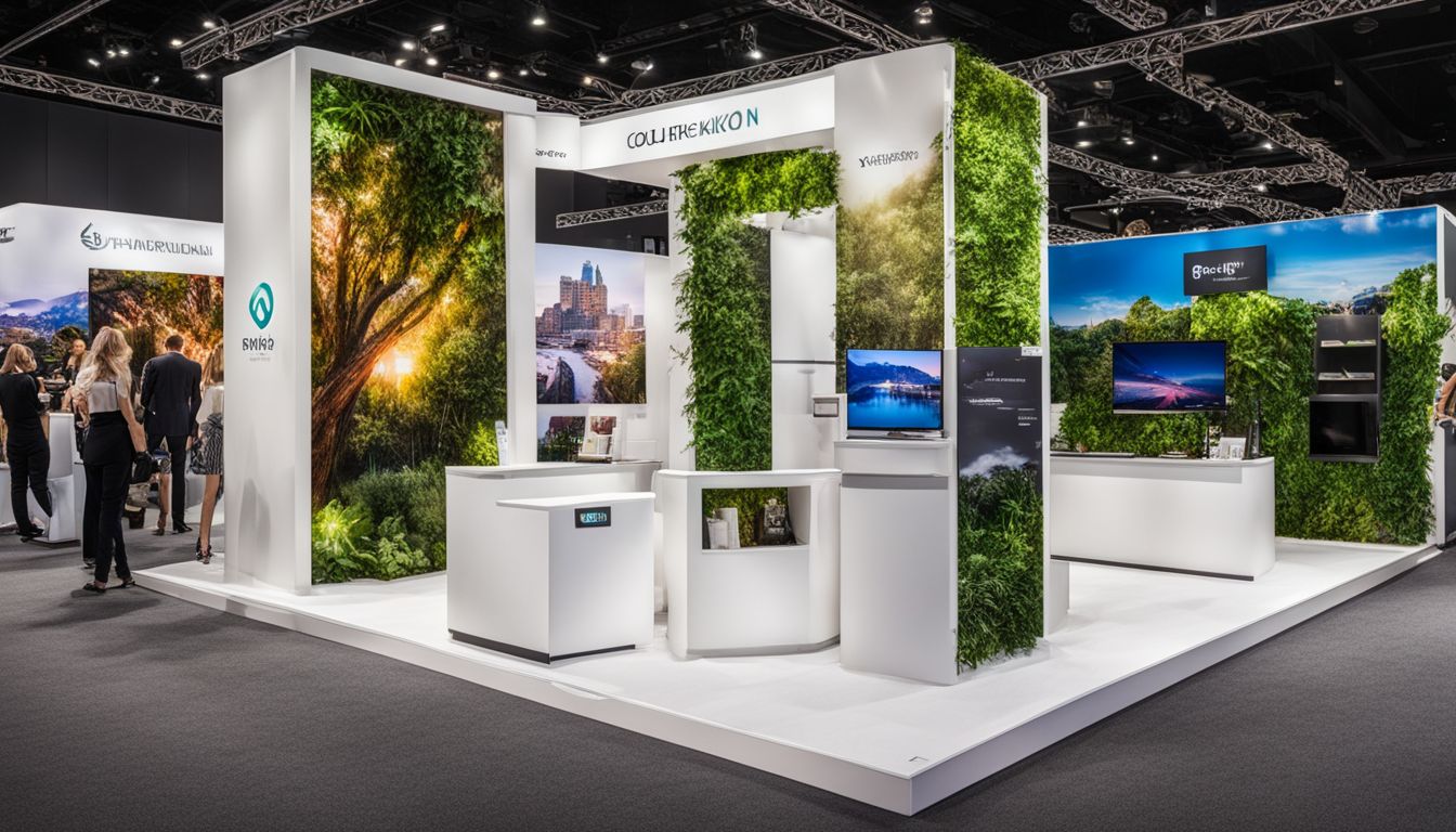 A stunning trade show booth surrounded by vibrant greenery and cityscape.