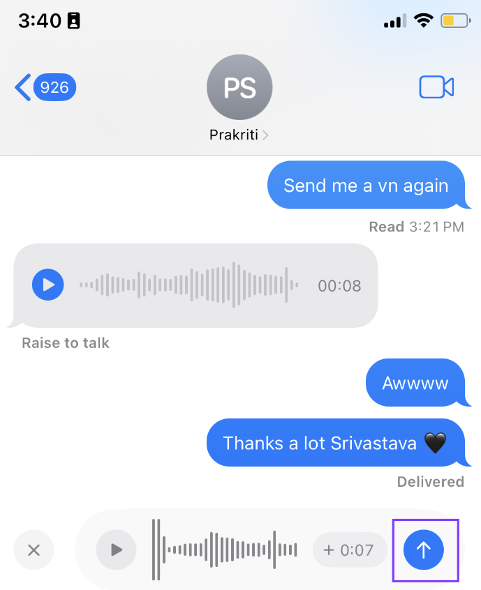 Tap the Up arrow to send voice note on iPhone