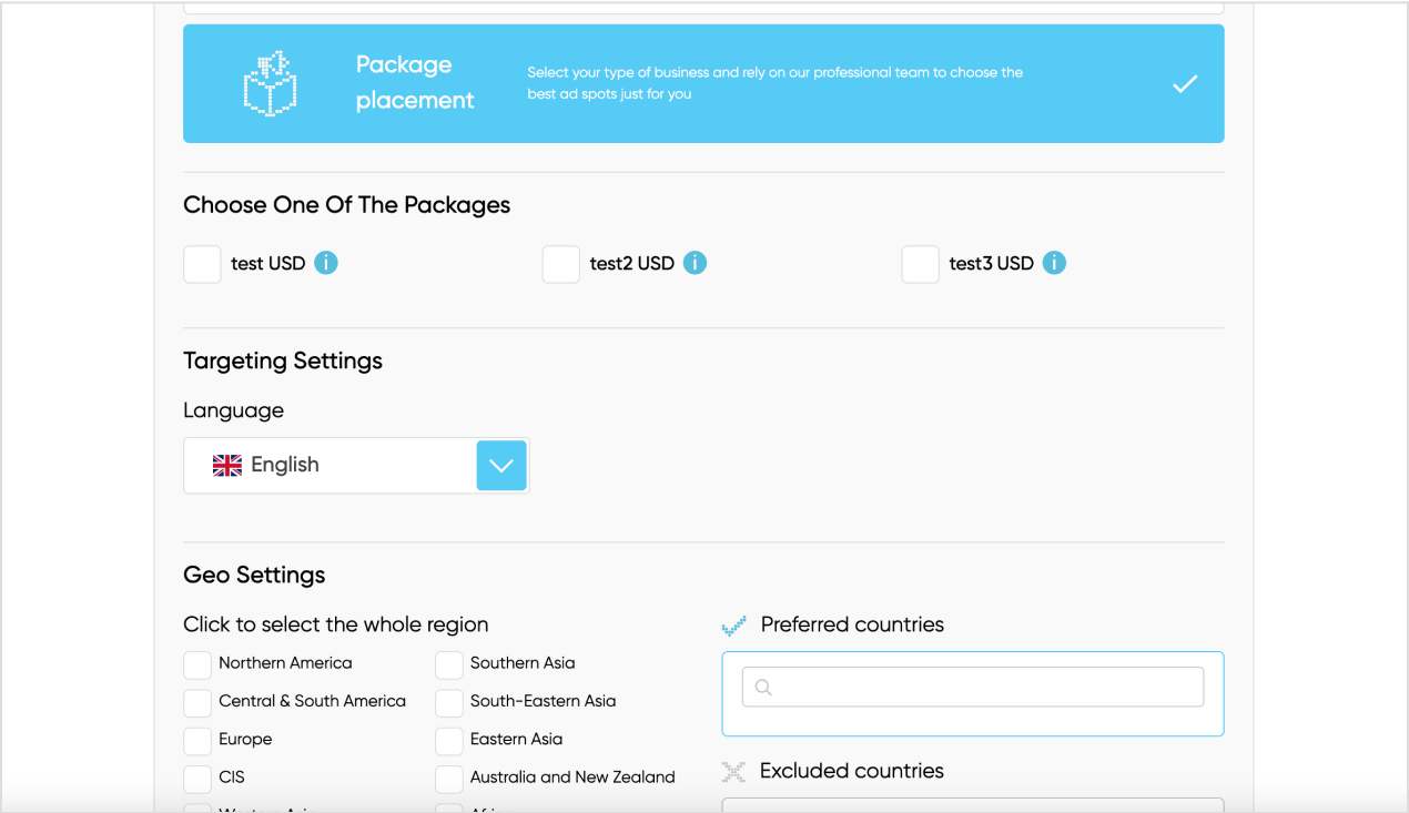 creating campaign targeting package placement