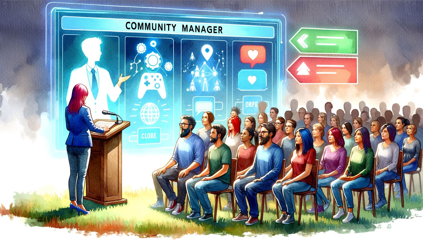 a digital manager speaking from a digital podium to an audience of diverse virtual avatars