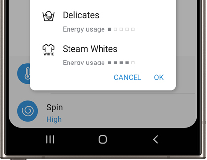 A Galaxy phone with the SmartThings open displaying the Smart Control option of a Samsung washer
