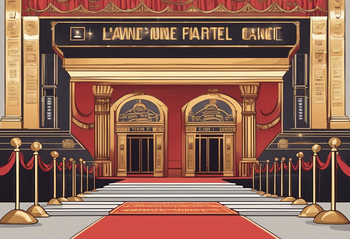 A red carpet lined with flashing cameras, leading to a grand theater entrance adorned with the names of iconic film stars