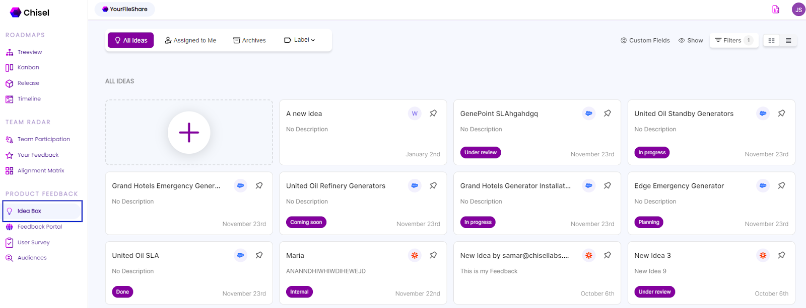 A graphic representation of Chisel’s Ideabox, showcasing a platform designed for storing and managing ideas, product feature requests, and suggestions from customers and teammates