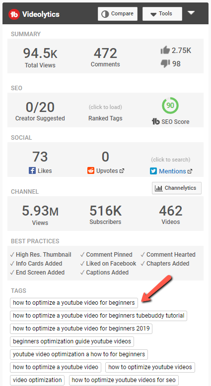 TubeBuddy's video analytics dashboard showing views, comments, SEO score, social likes, and channel subscribers