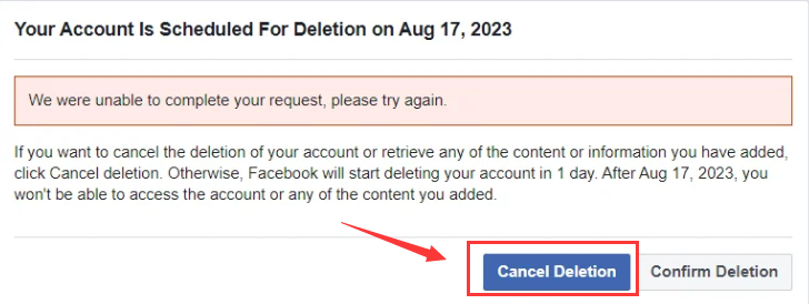Cancel Facebook Account Deletion