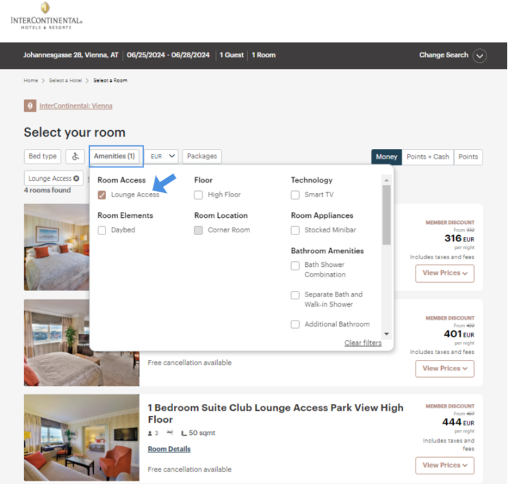 An example of how to use the filter when booking to get all rooms with access to the lounge at once