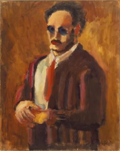 A painting of a man in a tie and a jacket with glasses. He is set against a brown background, and the brushwork leaves his form abstracted.