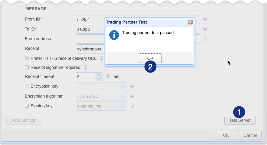 Screenshot of the Trading Partner test in the JSCAPE MFT Server
