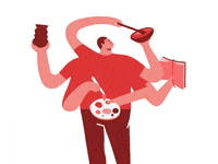 GIF of a cartoon person engaging in cooking, reading, juggling, and painting at once
