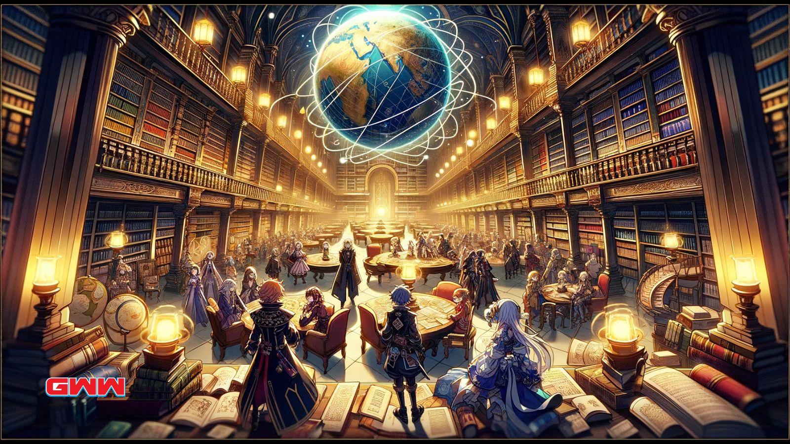 A dynamic and expansive anime-style scene showing a vast library filled with endless shelves of books, scrolls, and maps