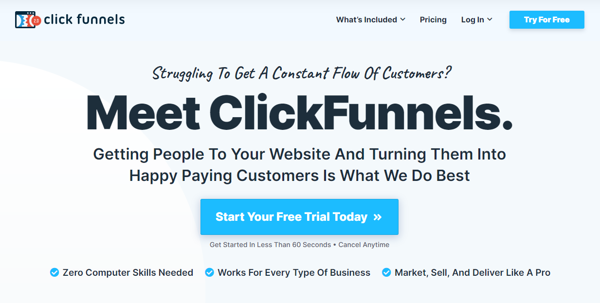 Meet ClickFunnels. Getting People To your website and turning them into happy paying customers is what we do best.