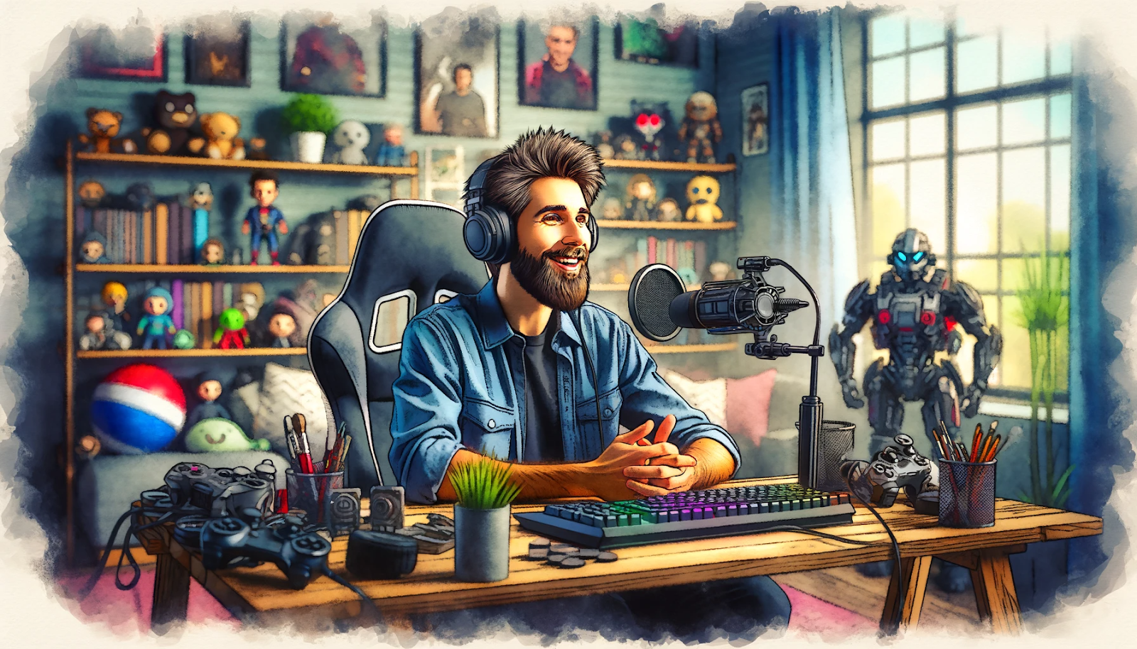 A content creator recording a game review in a well-equipped gaming room, complete with gaming paraphernalia like headsets, keyboards, and action figures in the background.