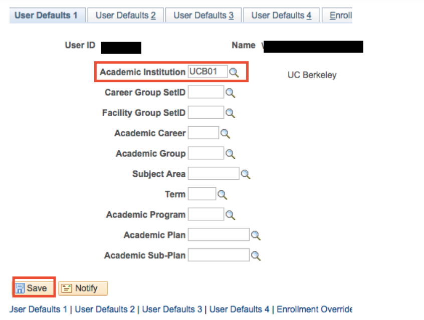 “UCB01” in the Academic Institution field and "Save" button emphasized with red box highlight.