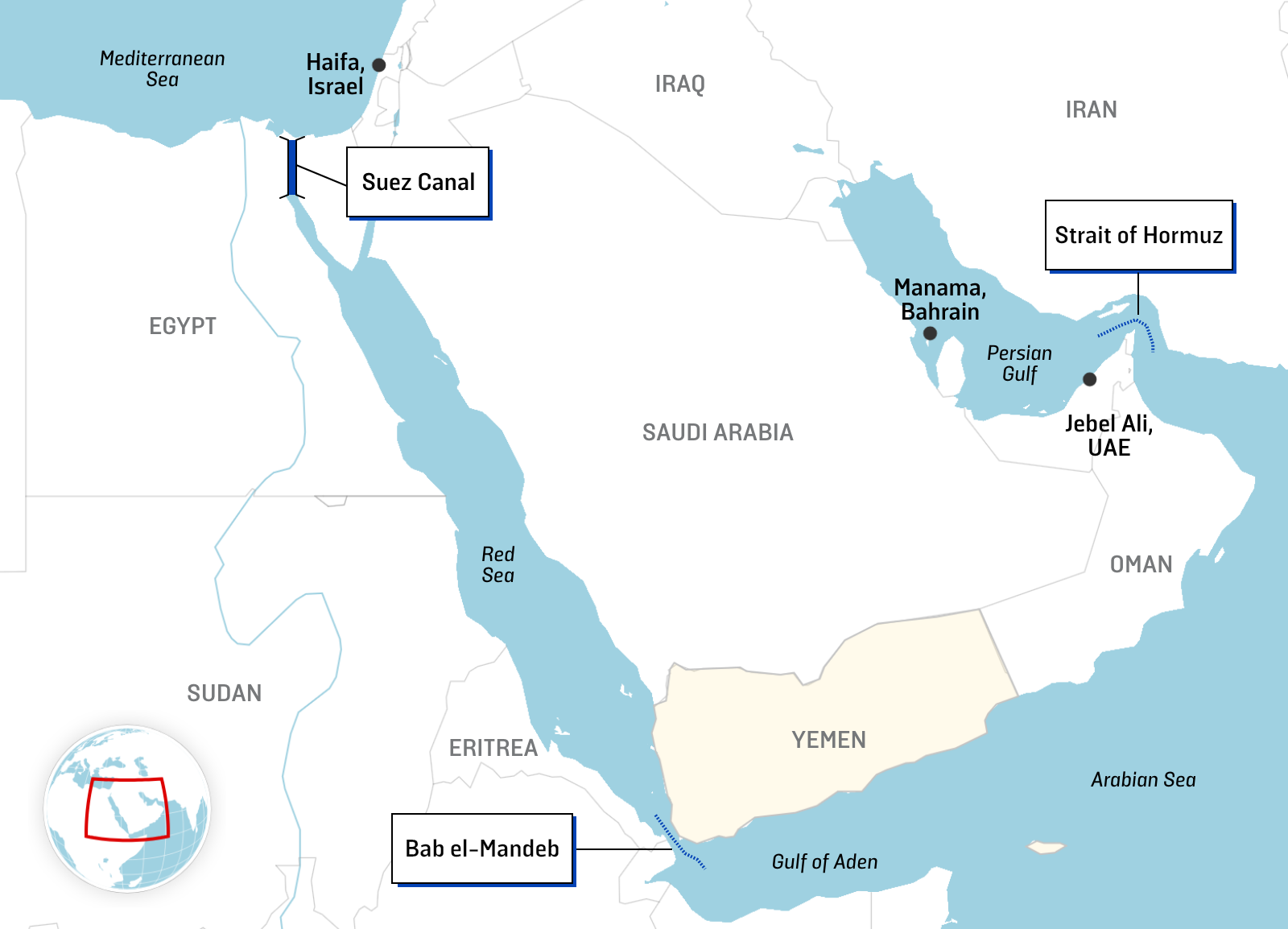 A map shows the countries around the Red Sea lining waters that lead from the Arabian Sea into the Red Sea, through the Suez Canal and out to the Mediterranean, a global chokepoint for trade. Labeled countries include Saudi Arabia, Yemen, Egypt, and Israel.