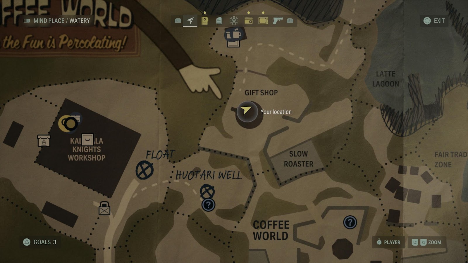 An in game screenshot of the Coffee World map from Alan Wake II. 