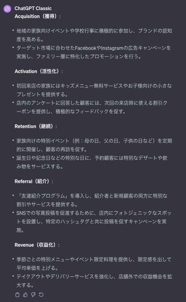 ファミリーレストランのAARRRモデルをChatGPTに考えてもらいました