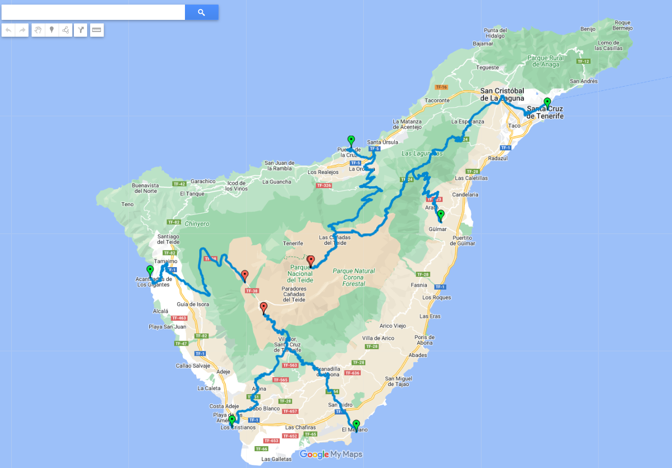 PJAMM Cycling map highlighting six of the most popular routes up Mt. Teide