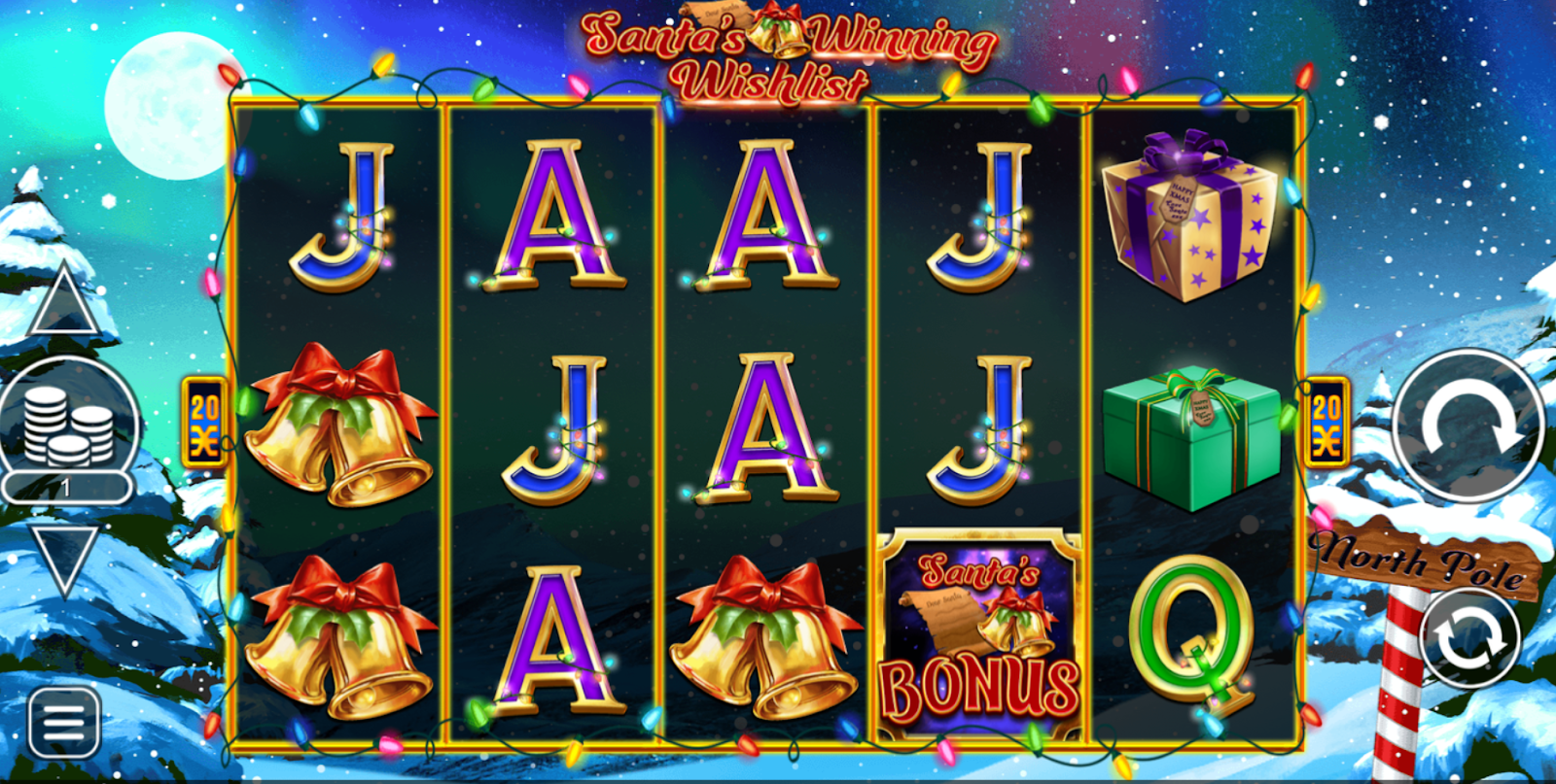 A screenshot of a slot game with icons such as bells, letters and gift boxes.