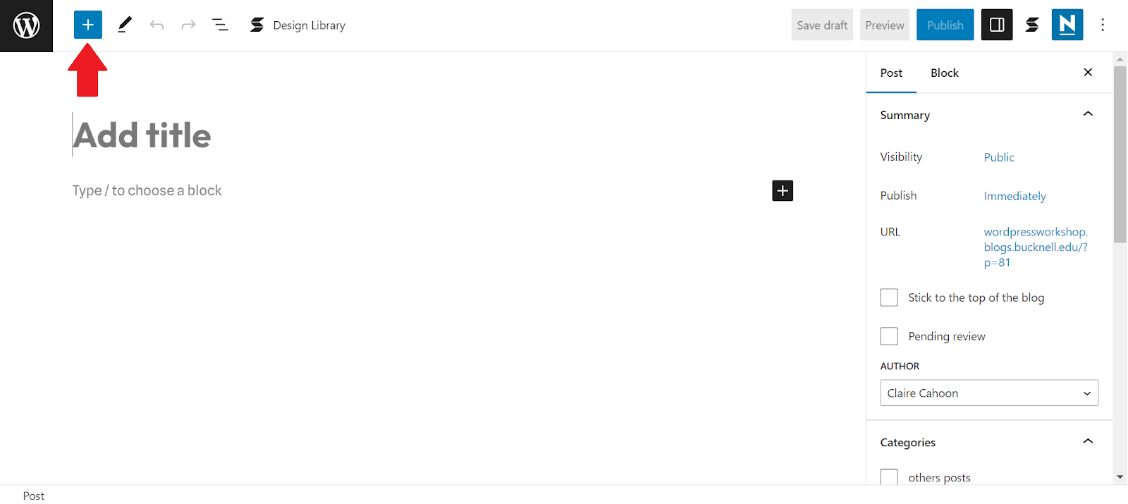 A blog post highlighting the "add new block" button at the top of the screen.
