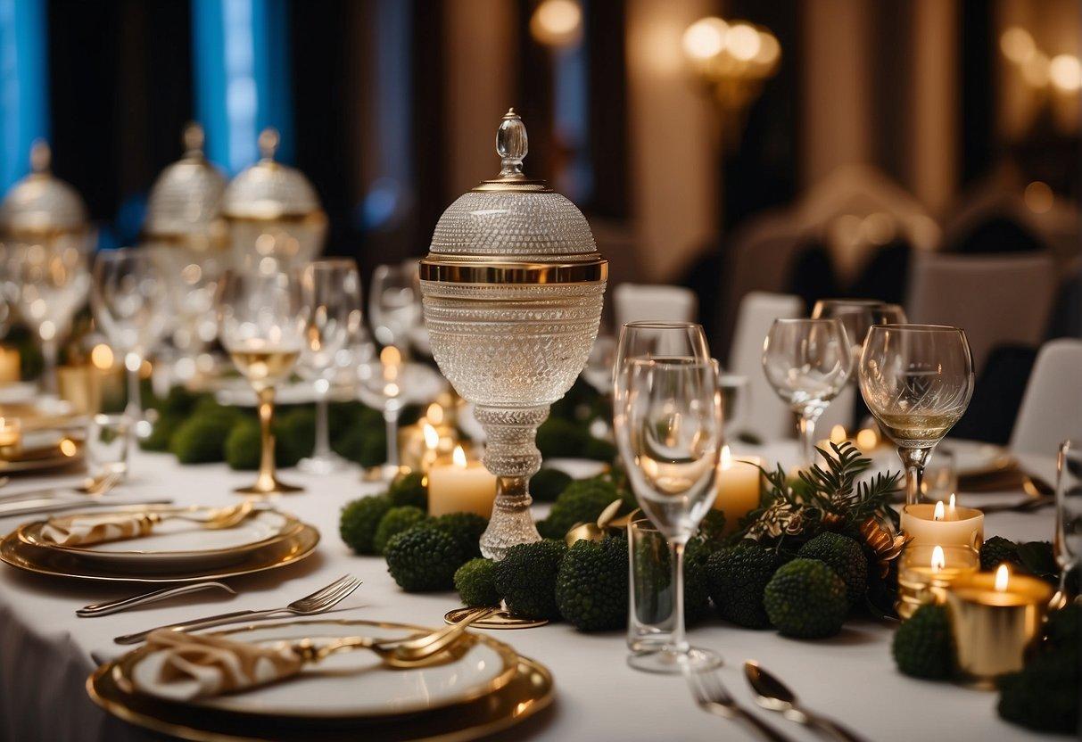 A luxurious banquet table displays a variety of ornate serving dishes filled with Beluga caviar. The room is elegant, with soft lighting and opulent decor, creating an atmosphere of sophistication and indulgence