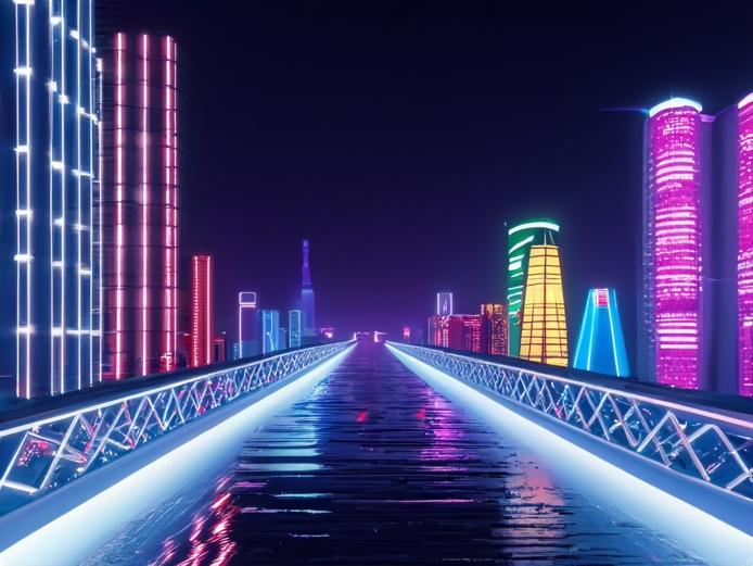 A bridge with a lit up city at night

Description automatically generated