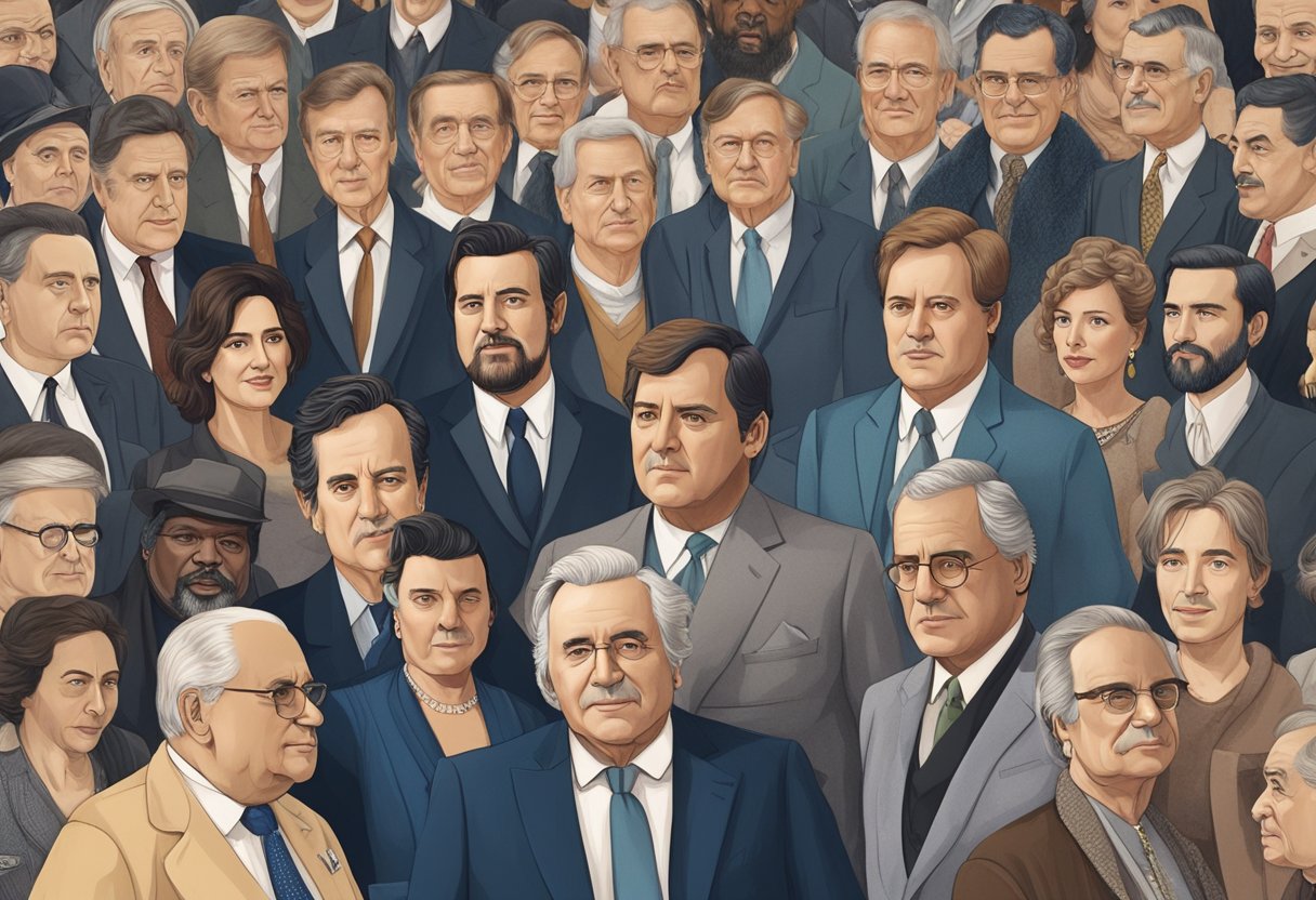 Famous celebrities gather at a historical event, surrounded by influential figures from the past