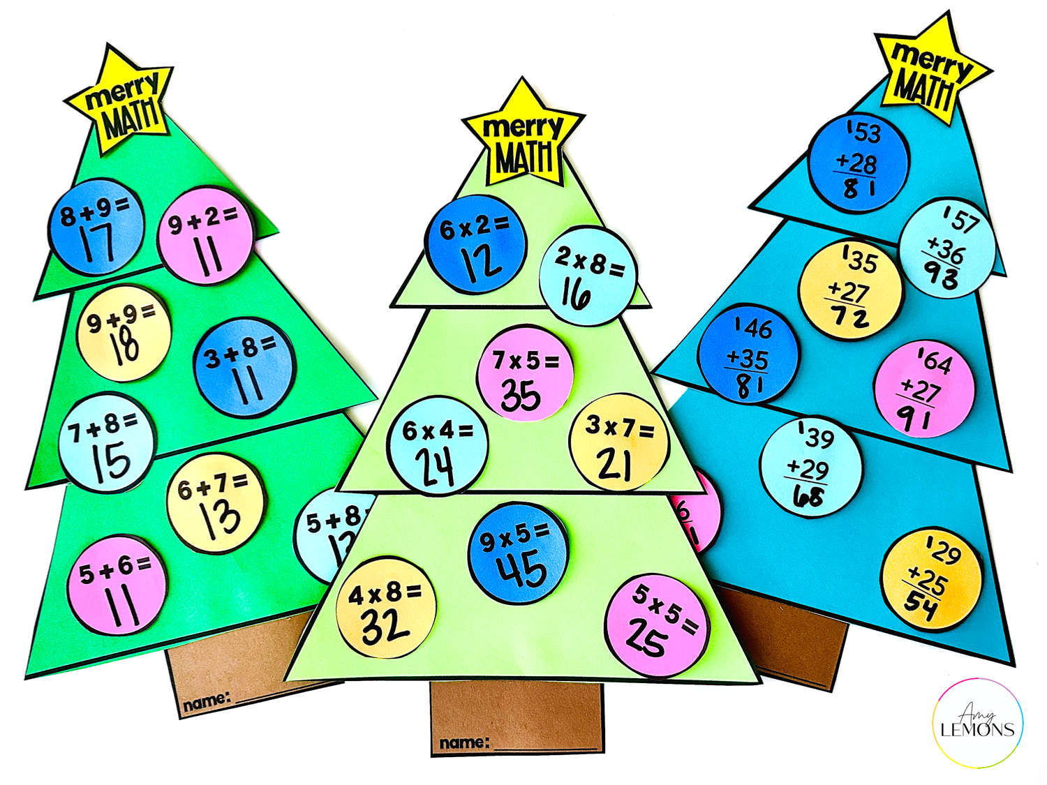 Free Christmas Tree math craft and activity for solving equations.