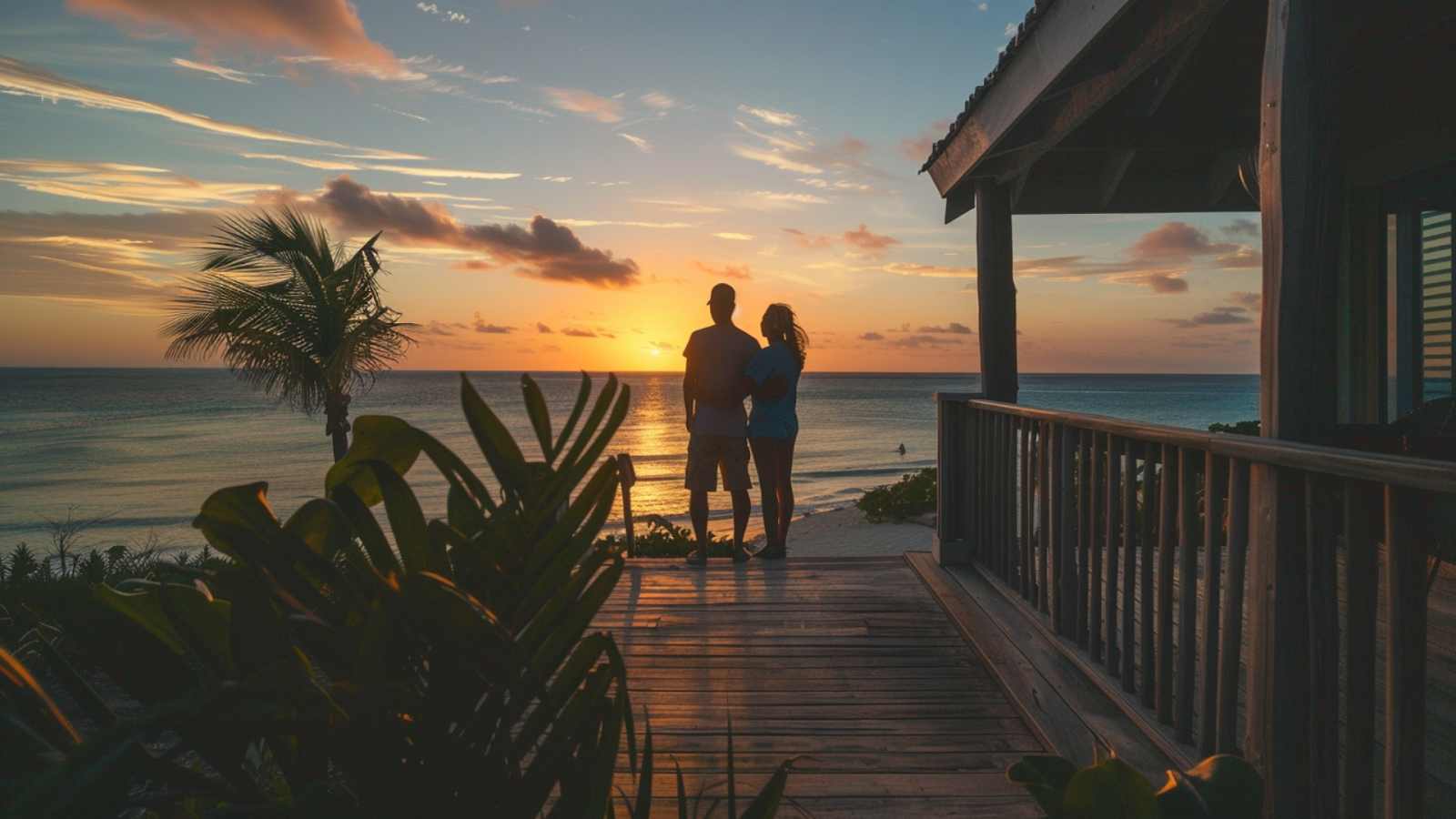 A couple watching the sunset from the balcony of their beach house