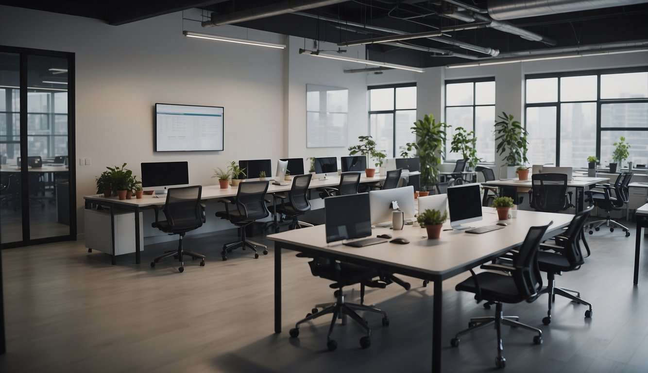 A bustling office space with modern decor and a whiteboard filled with brainstorming ideas. Laptops and coffee mugs scattered on desks, as young professionals collaborate and innovate