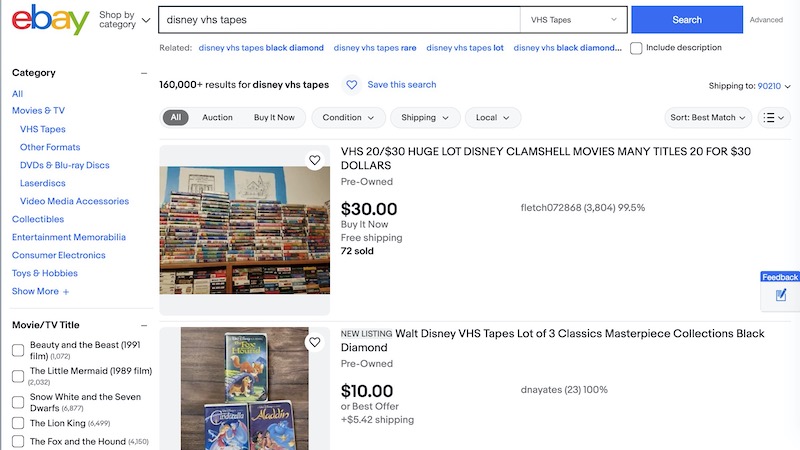 eBay sell Disney vhs tapes