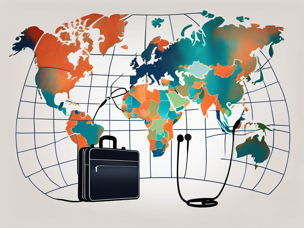a nurse's cap, a stethoscope, and a briefcase, all placed on a world map to symbolize global business opportunities, hand-drawn abstract illustration for a company blog, white background, professional, minimalist, clean lines, faded colors