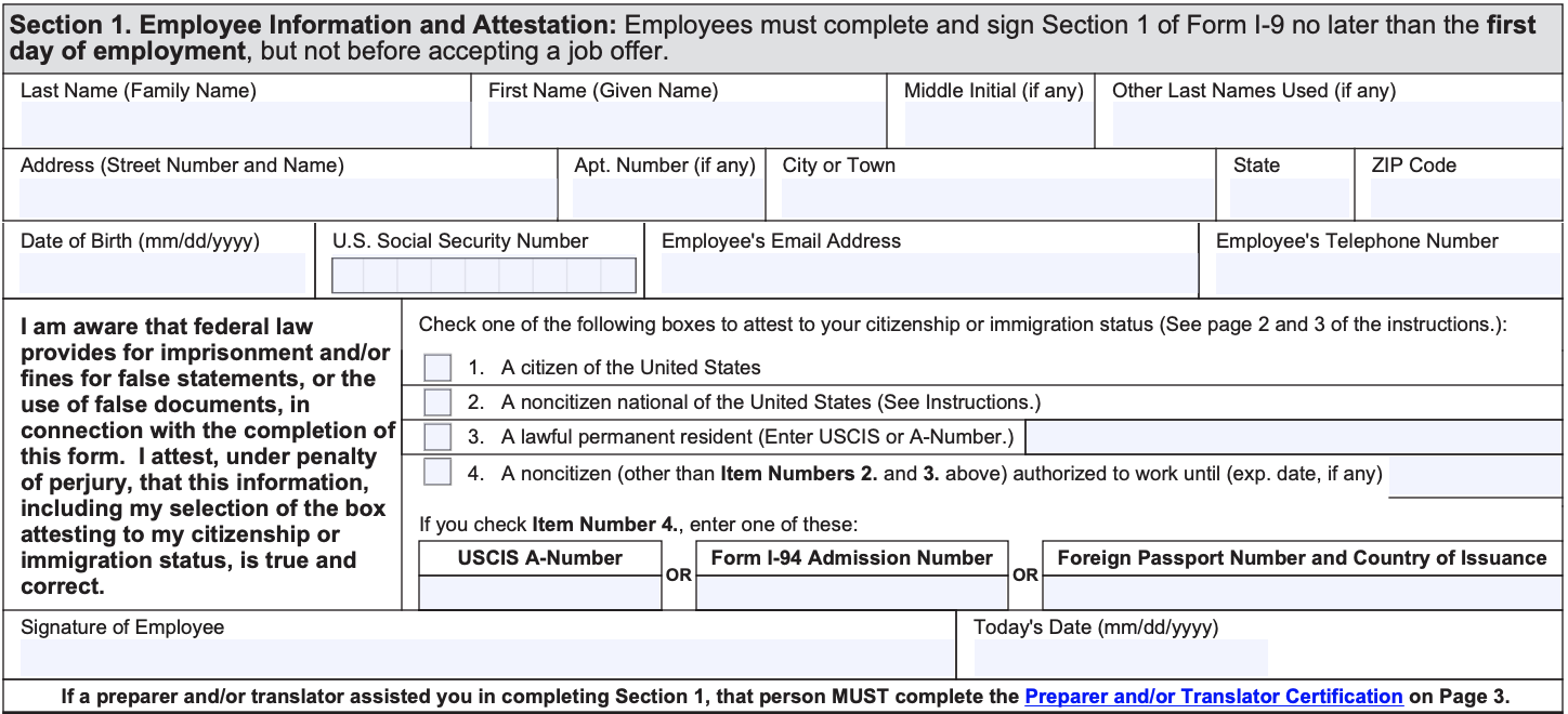 section 1 of Form I-9