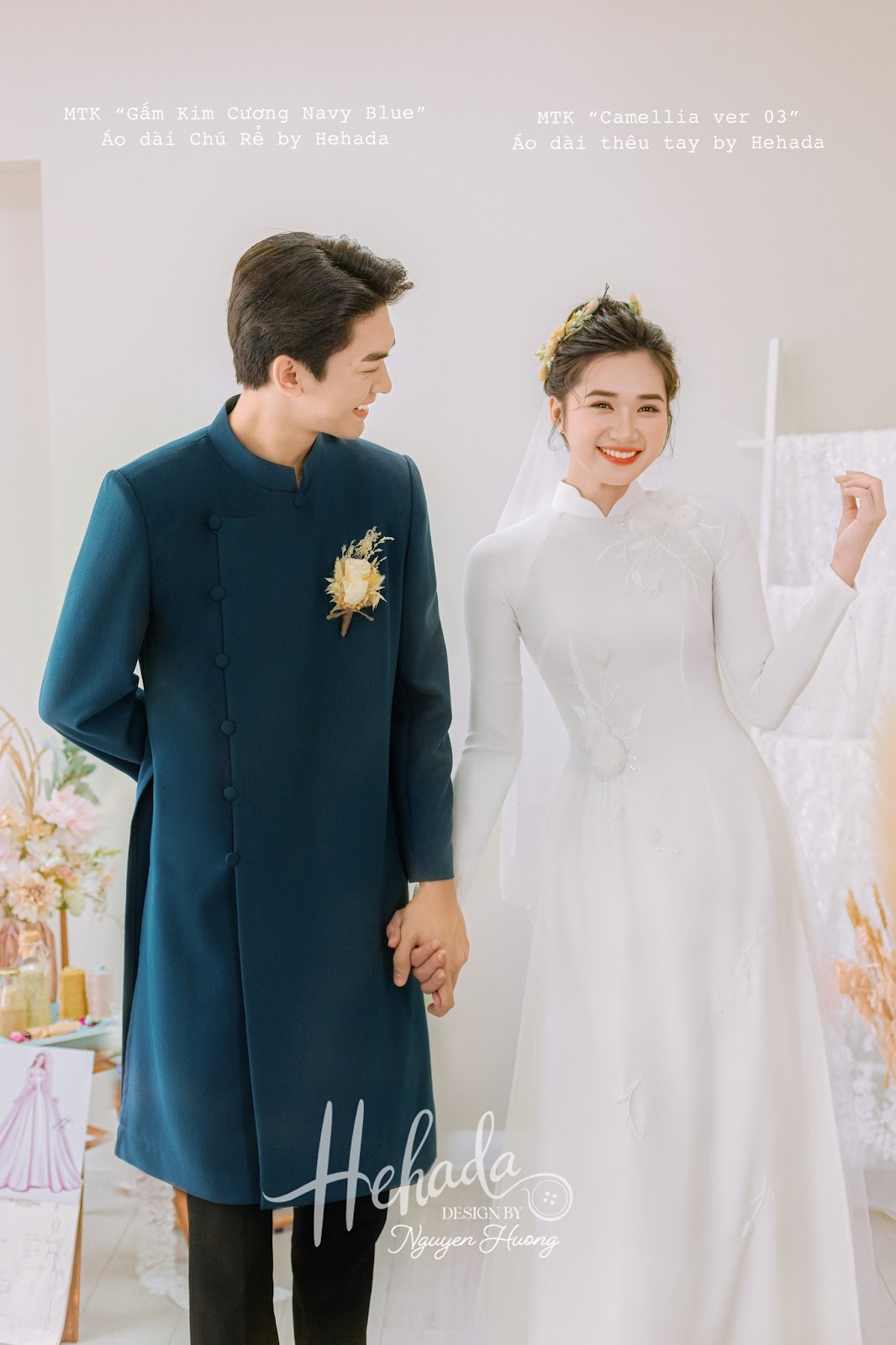 Couple áo dài nam Gấm Kim Cương & nữ Camellia 