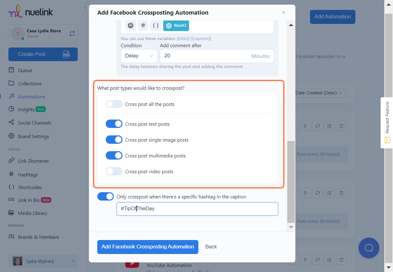 Click on Add Facebook Crossposting Automation…