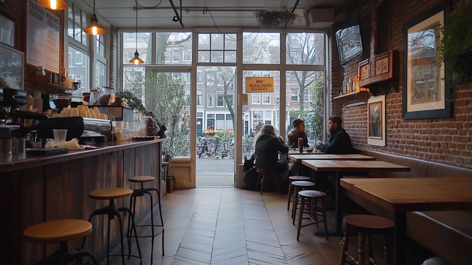 Interior of a cozy Dutch café in Amsterdam with customers enjoying coffee and stroopwafels.