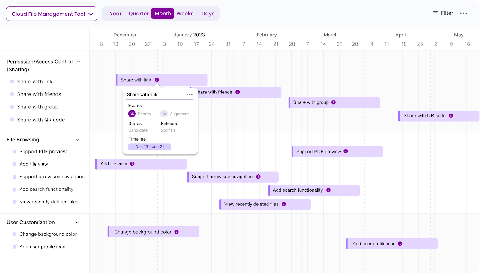 Chisel’s Timeline View showcasing a calendar with feature development periods, illustrating time allocation insights.