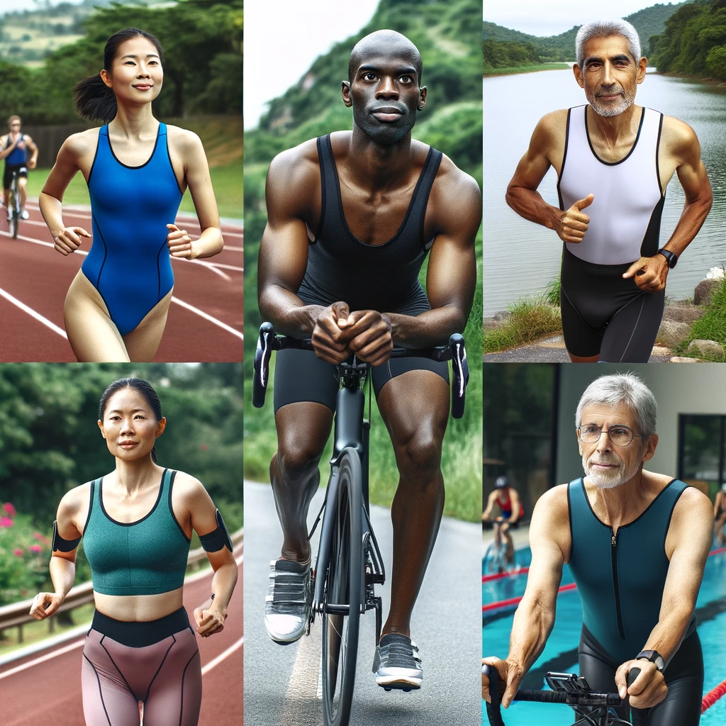 Photo of a diverse group of athletes of different ages training for a triathlon. The youngest is in their early 20s, an Asian female running on a track. The middle-aged person, a Black male in his 40s, is cycling on a road with lush greenery. The oldest, a Caucasian woman in her 60s, is swimming in an indoor pool. All are wearing appropriate triathlon training gear and look determined.