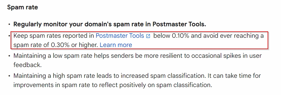 Spam rate threshold guidelines for bulk email senders by Google 