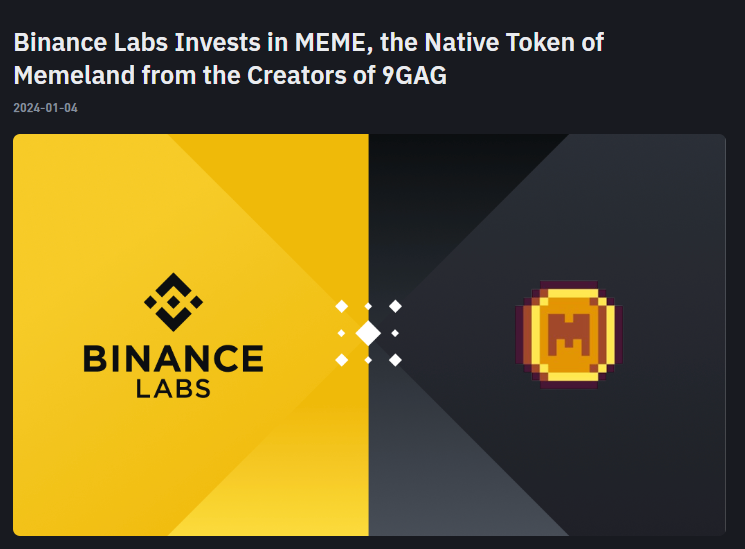 Binance Labs宣佈投資MEME，MEME幣1小時飆升超過30%