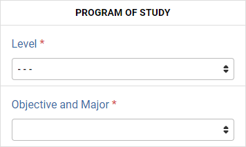 Screenshot of Program of Study section entailing Level and Objective & Major.