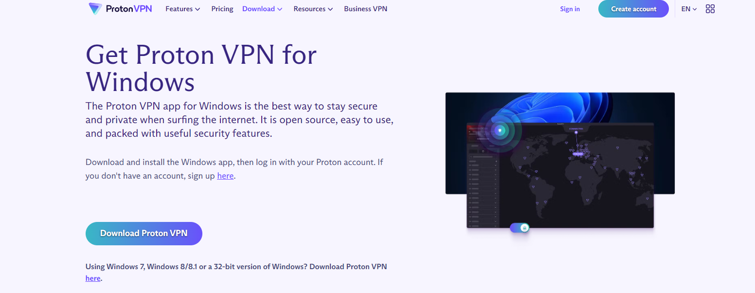 Страница с загрузкой Proton VPN.