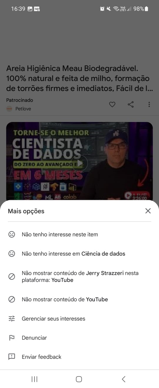 Print das opções do Google Discover ao clicar nos 3 pontinhos em uma reportagem 