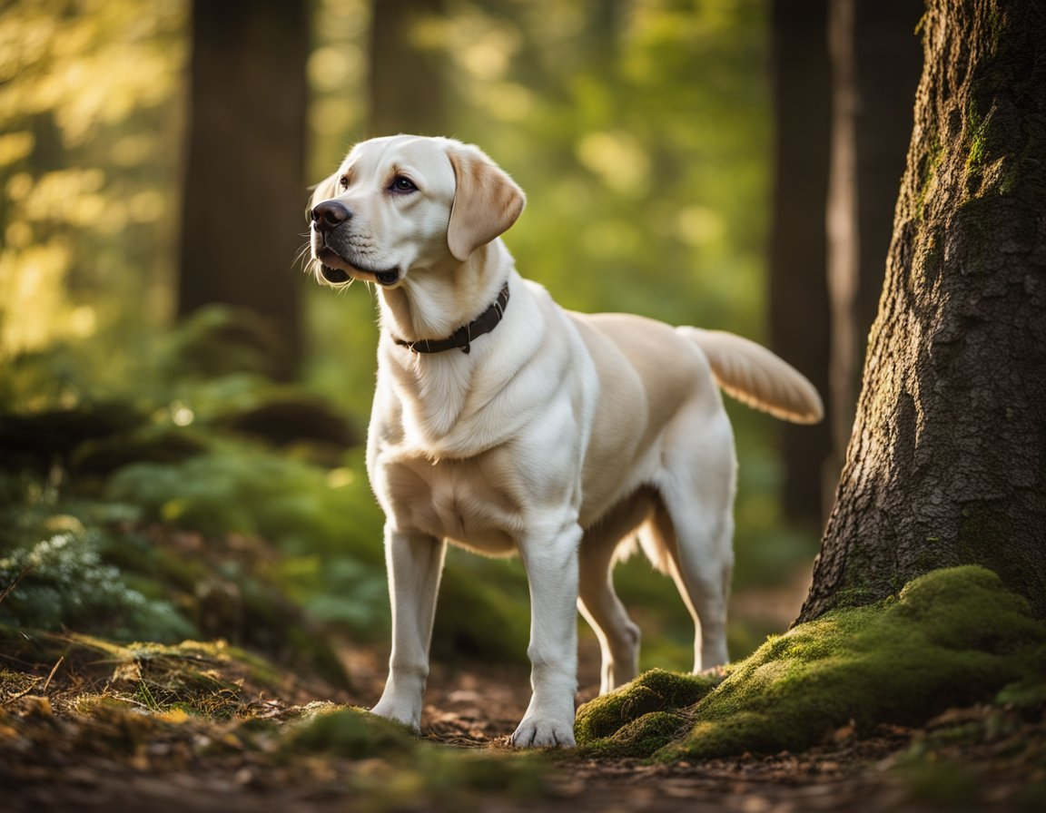 alert labrador retriever at a forest