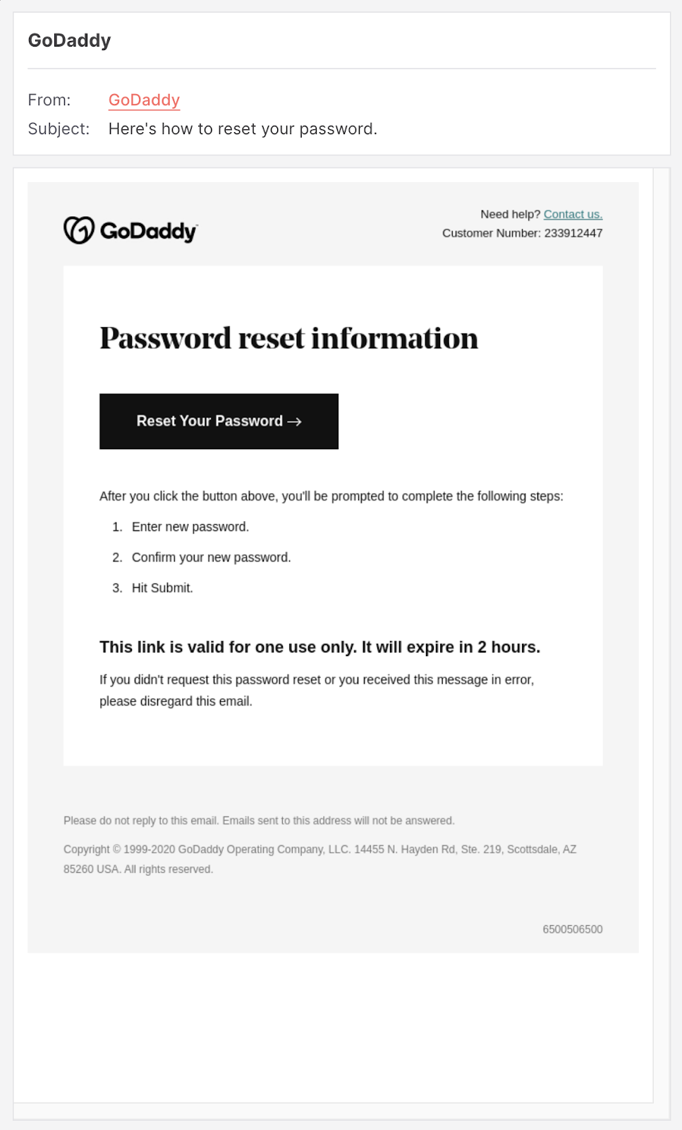 GoDaddy password reset email example