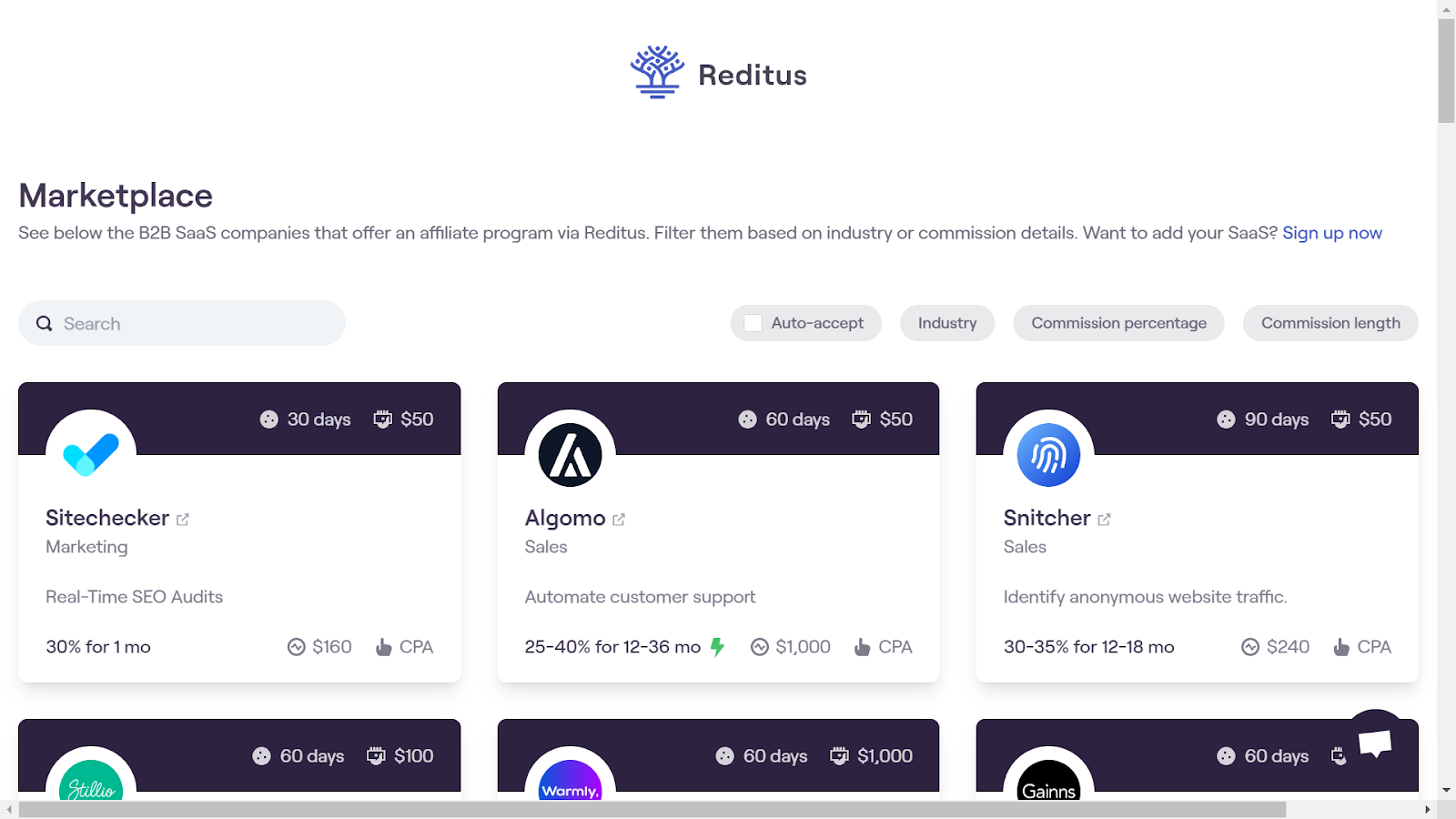 A screenshot from the Reditus Marketplace landing page.