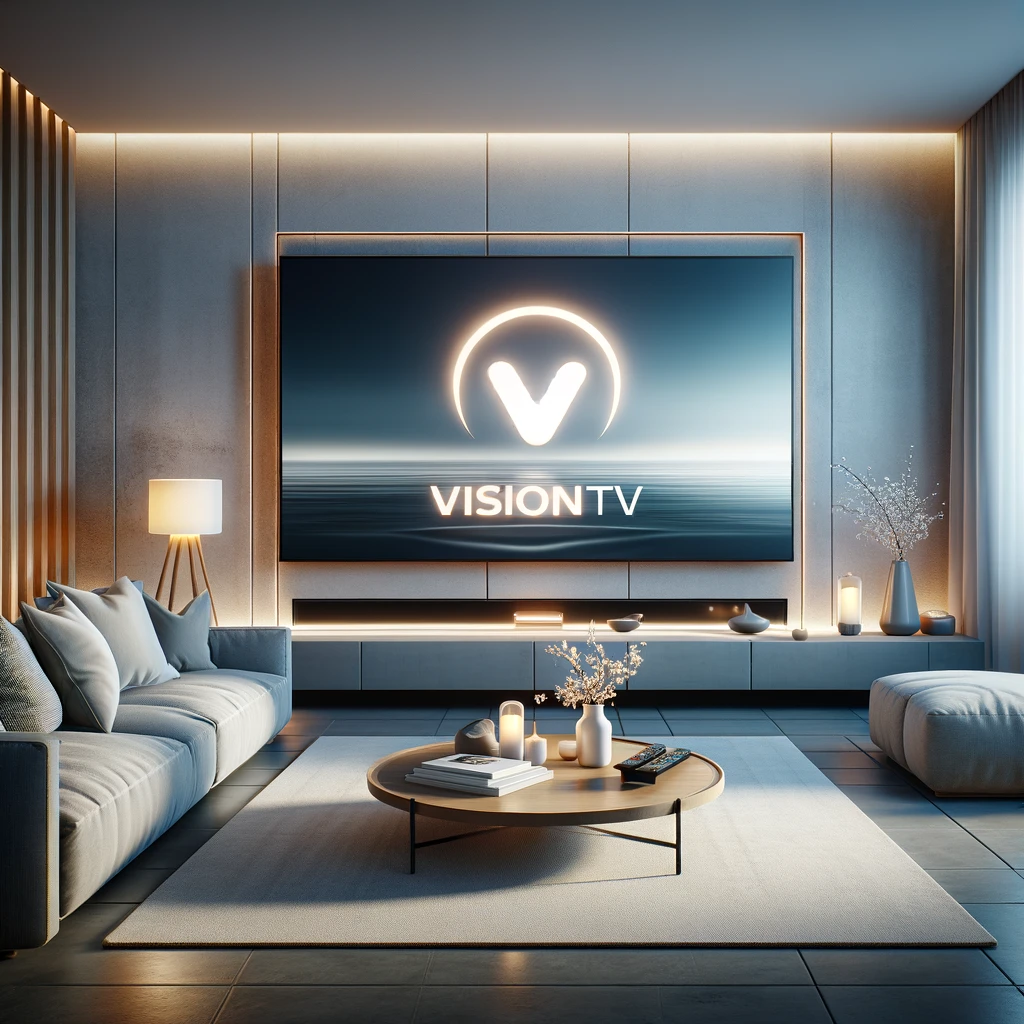 VisionTV's user-friendly interface displayed on a flat screen TV, highlighting diverse channel options and streaming content
