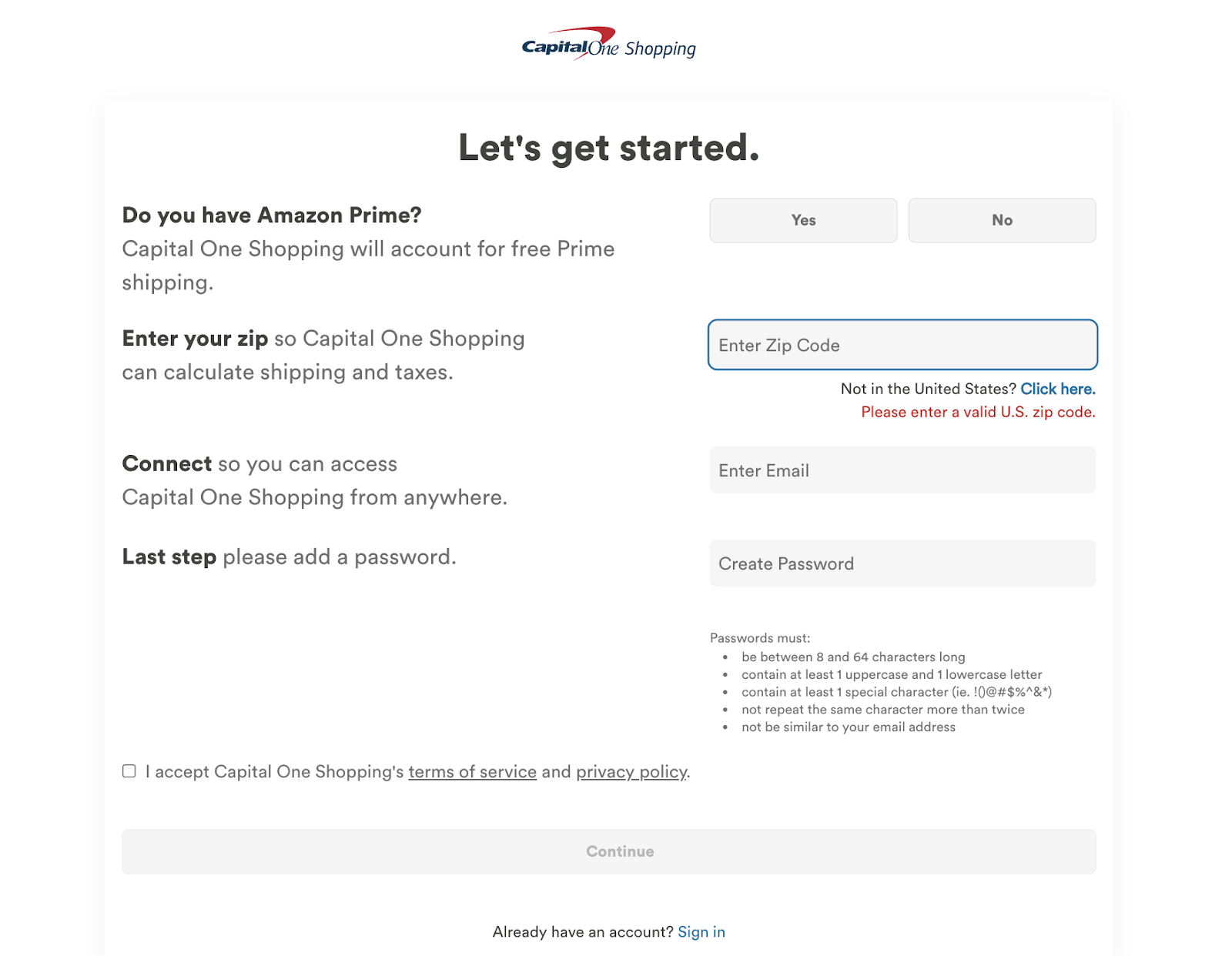 Screenshot of signing up for a Capital One shopping account